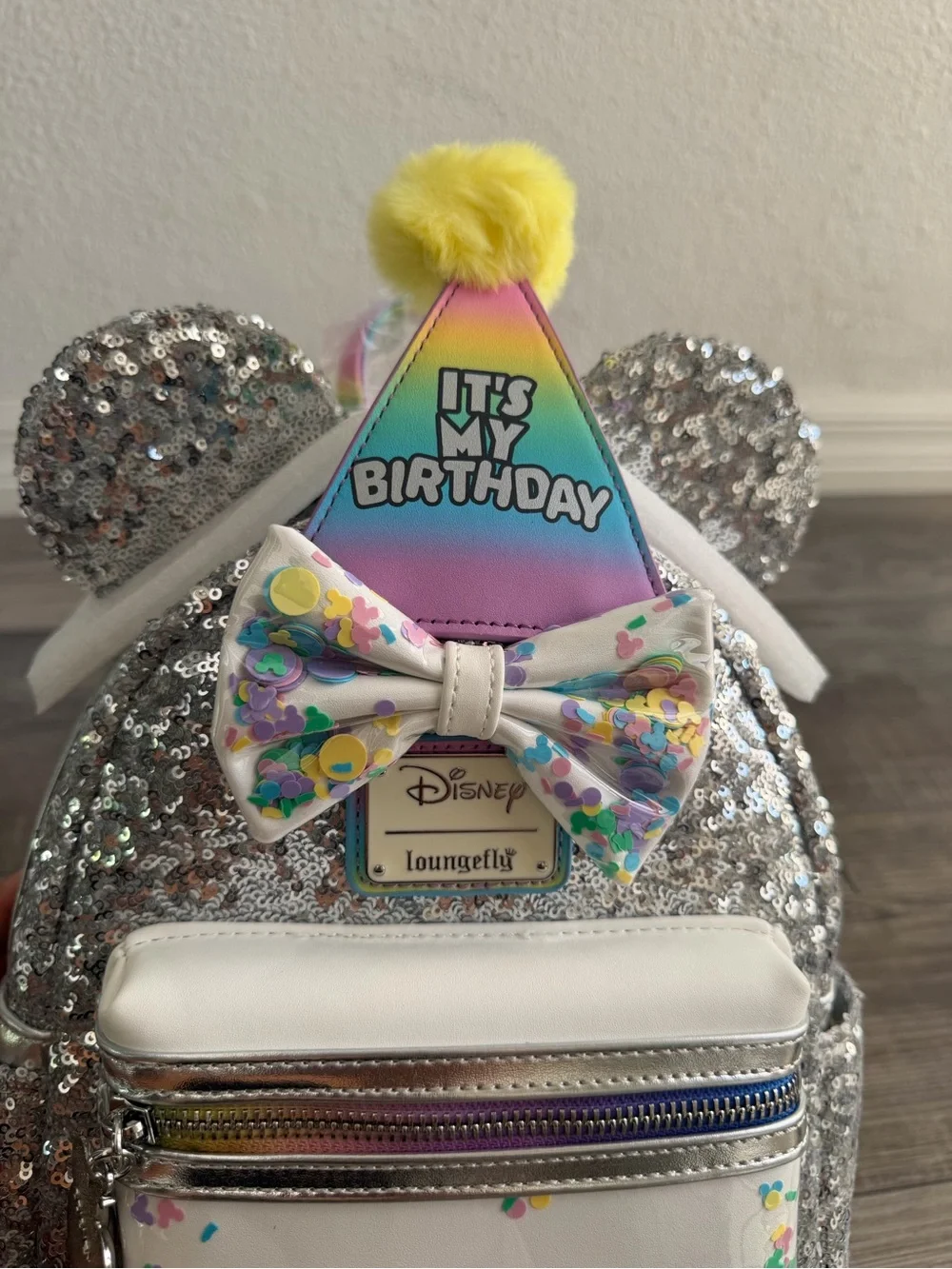 Loungefly 'It's My Birthday' Silver Sequin Mini Backpack NWT